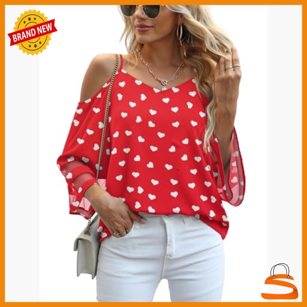 Women's Cold Shoulder Mesh Bell Sleeve Tee Adjustable Strap Loose Fit Top - Picture 2 of 7